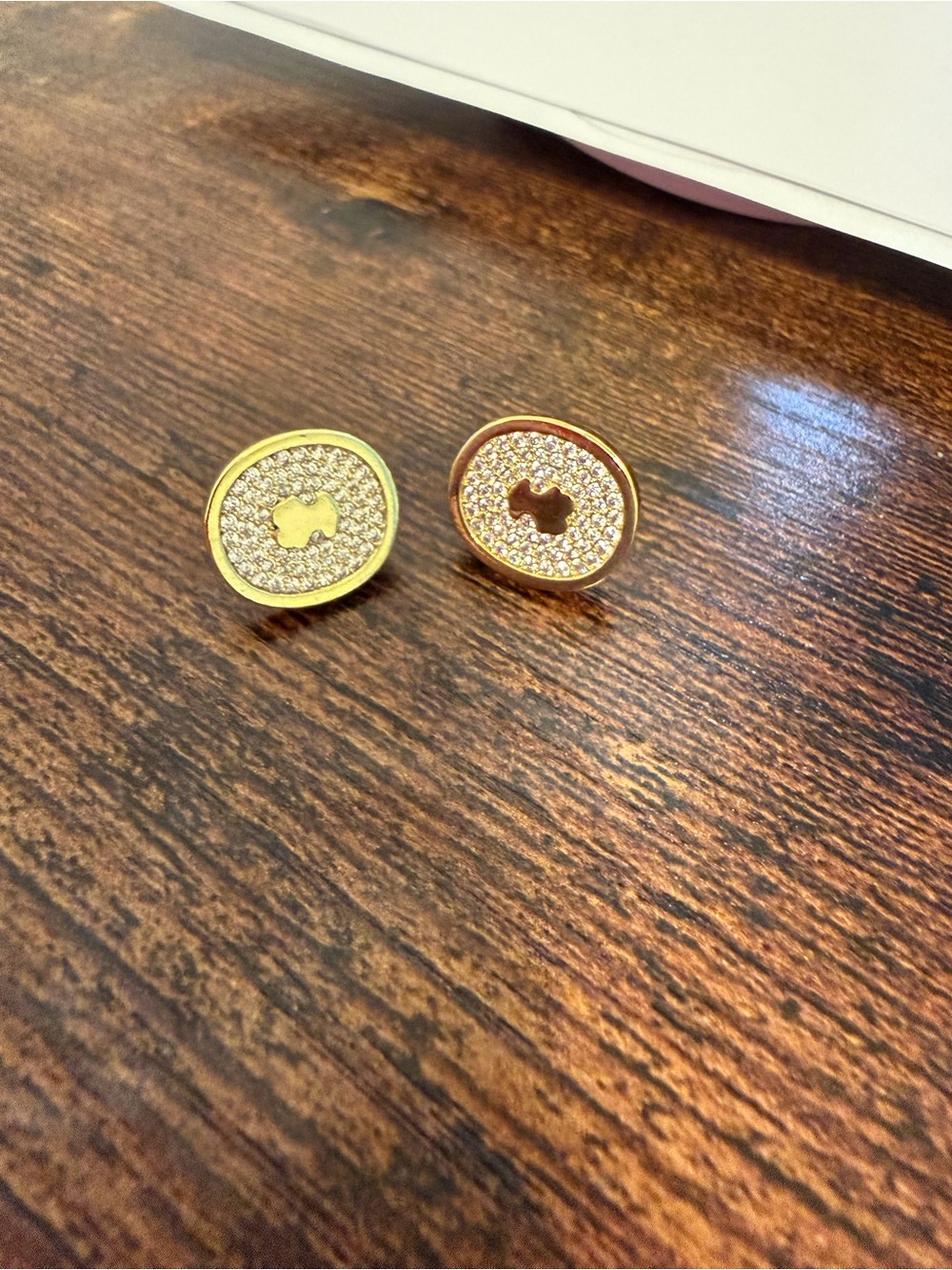 Gold and Rose Gold Pave Disc Stud Earrings with Signature Motif - Picture 2 of 2